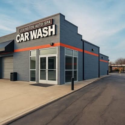 Front of the Lexington Auto Spa building with its Car Wash sign and glass doors
